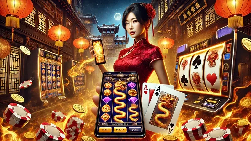 Layar slot video dengan simbol permainan dan gulungan